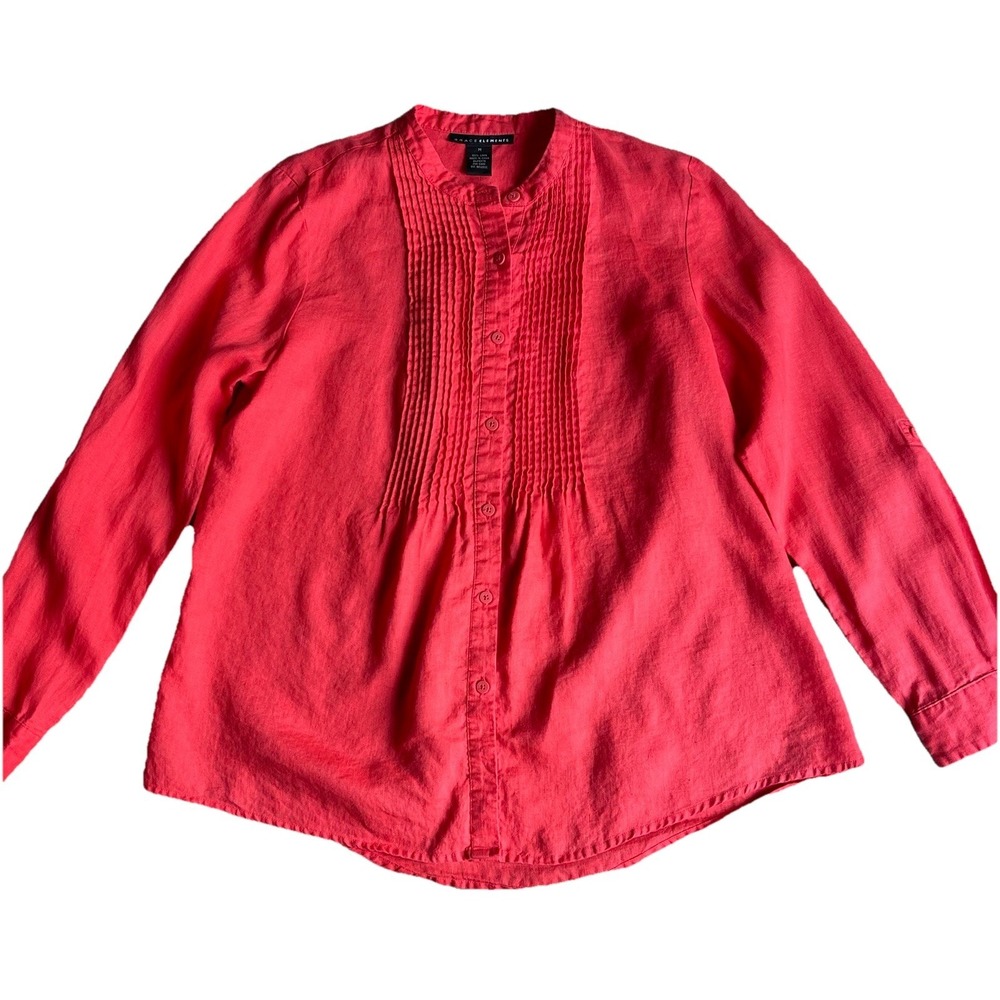 Womens Linen 100% Linen Pintuck Button Front Tunic Top Medium Coral Pink Blouse